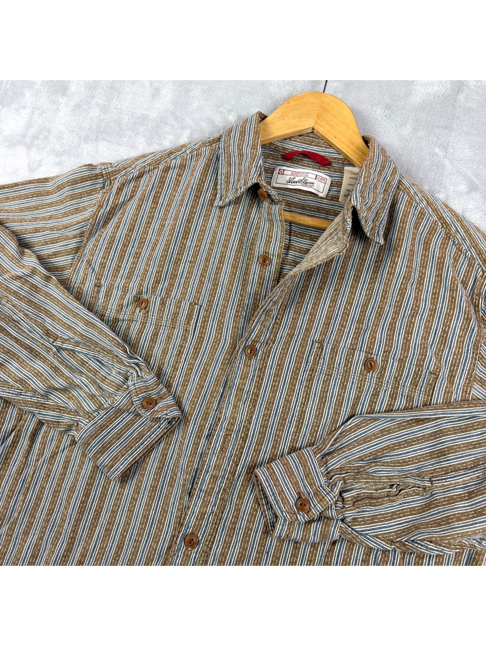 VTG Levi Strauss Signature MenM Brown Blue Striped Cotton Button Woven Shirt Y2K